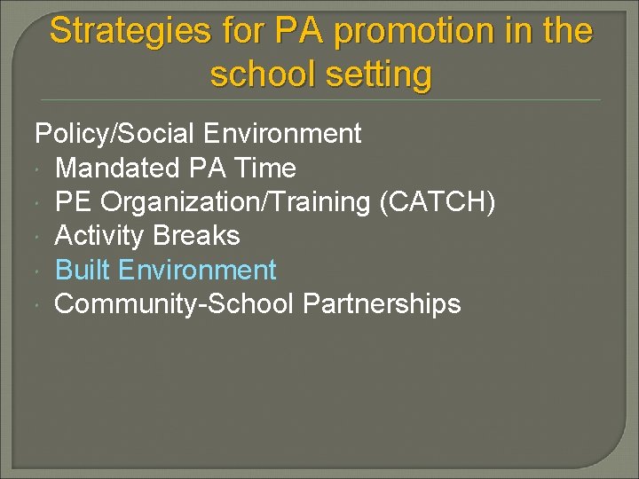 Strategies for PA promotion in the school setting Policy/Social Environment Mandated PA Time PE