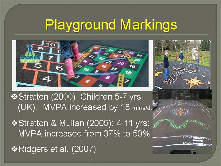 Playground Markings v. Stratton (2000): Children 5 -7 yrs (UK). MVPA increased by 18
