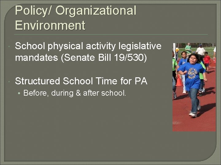 Policy/ Organizational Environment School physical activity legislative mandates (Senate Bill 19/530) Structured School Time