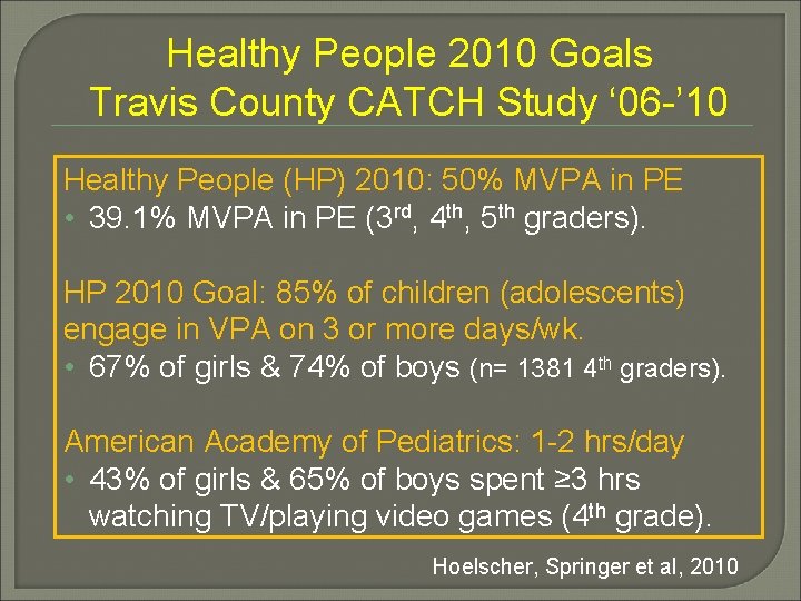 Healthy People 2010 Goals Travis County CATCH Study ‘ 06 -’ 10 Healthy People
