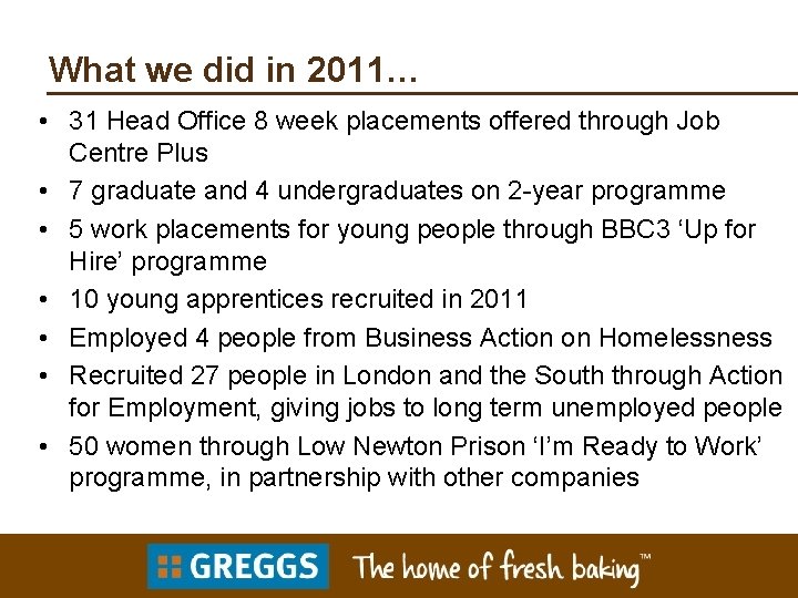 What we did in 2011… • 31 Head Office 8 week placements offered through