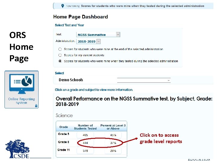 ORS Home Page Demo Schools Click on to access grade level reports CONNECTICUT STATE