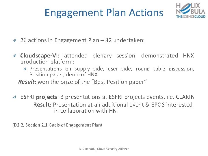 Engagement Plan Actions 26 actions in Engagement Plan – 32 undertaken: Cloudscape-VI: attended plenary