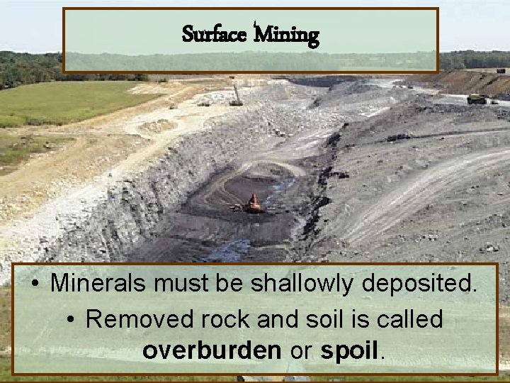 Surface Mining • Minerals must be shallowly deposited. • Removed rock and soil is