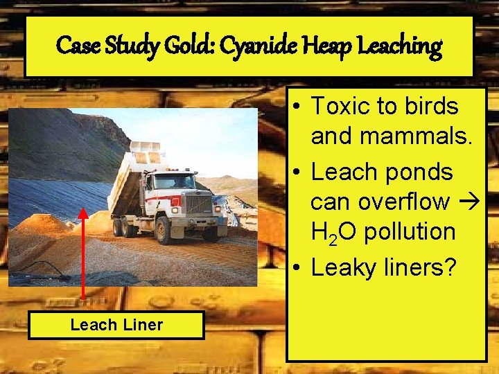 Case Study Gold: Cyanide Heap Leaching • Toxic to birds and mammals. • Leach