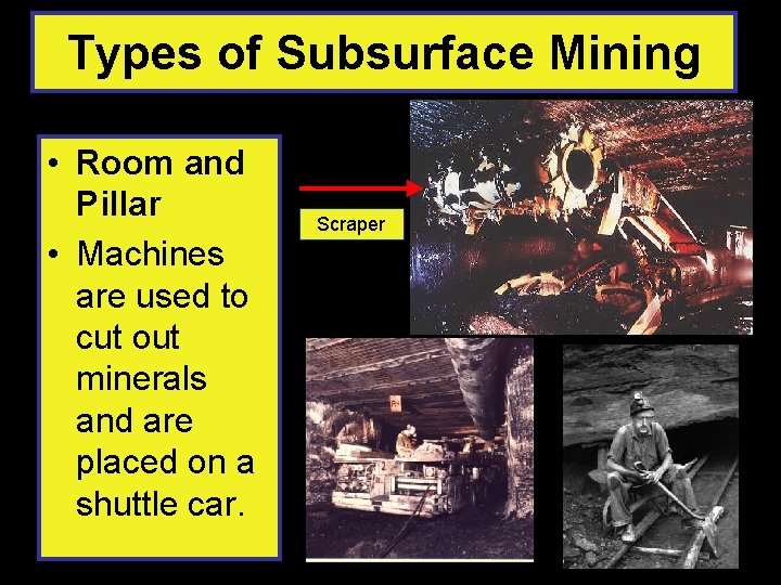 Types of Subsurface Mining • Room and Pillar • Machines are used to cut