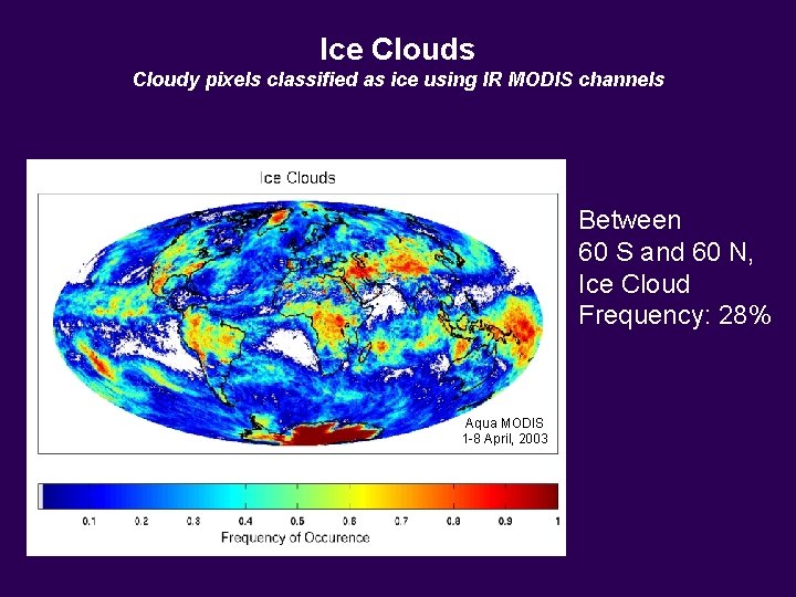 Ice Clouds Cloudy pixels classified as ice using IR MODIS channels Between 60 S Ice Clouds Cloudy pixels classified as ice using IR MODIS channels Between 60 S