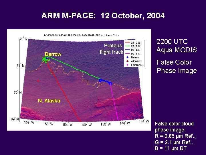 ARM M-PACE: 12 October, 2004 Barrow Proteus flight track 2200 UTC Aqua MODIS False ARM M-PACE: 12 October, 2004 Barrow Proteus flight track 2200 UTC Aqua MODIS False