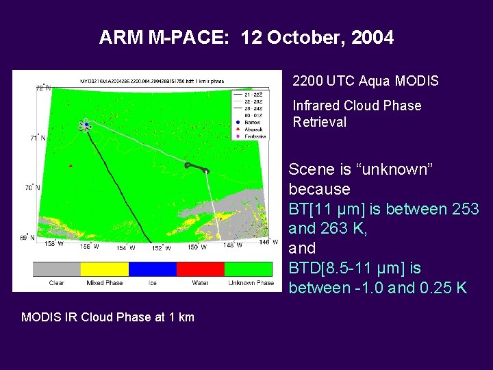 ARM M-PACE: 12 October, 2004 2200 UTC Aqua MODIS Infrared Cloud Phase Retrieval Scene ARM M-PACE: 12 October, 2004 2200 UTC Aqua MODIS Infrared Cloud Phase Retrieval Scene