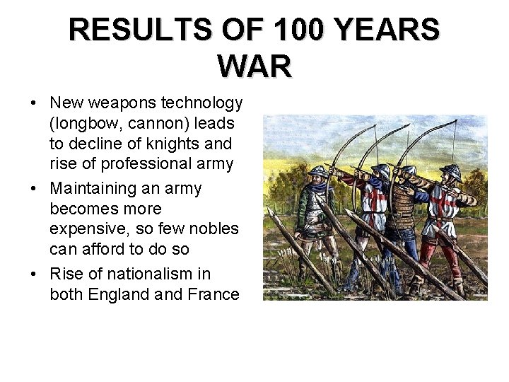 RESULTS OF 100 YEARS WAR • New weapons technology (longbow, cannon) leads to decline RESULTS OF 100 YEARS WAR • New weapons technology (longbow, cannon) leads to decline