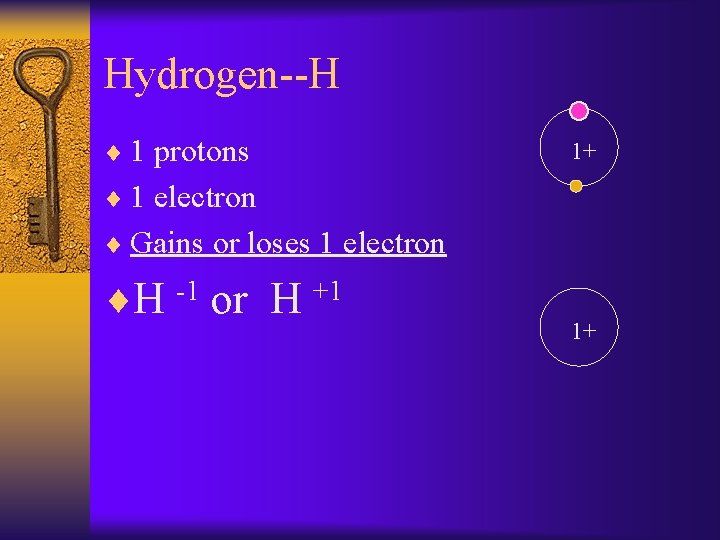 Hydrogen--H ¨ 1 protons 1+ ¨ 1 electron ¨ Gains or loses 1 electron