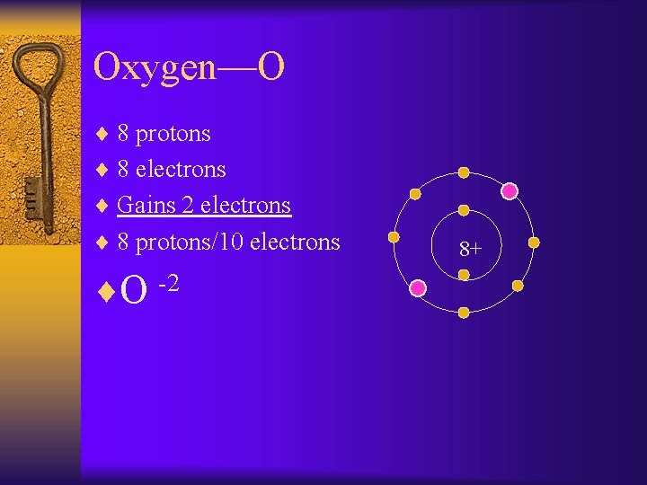 Oxygen—O ¨ 8 protons ¨ 8 electrons ¨ Gains 2 electrons ¨ 8 protons/10