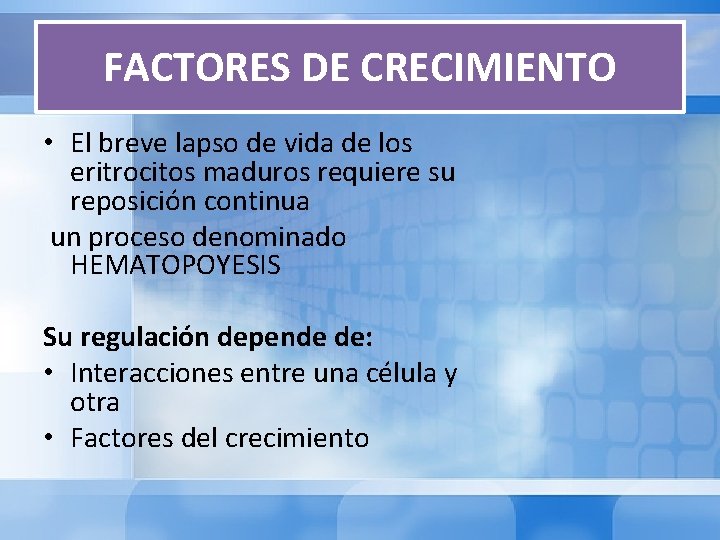 FACTORES DE CRECIMIENTO • El breve lapso de vida de los eritrocitos maduros requiere