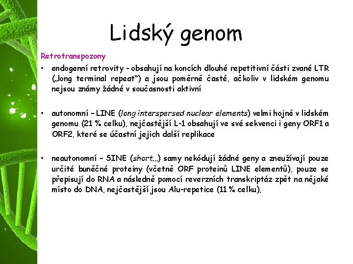 Lidský genom Retrotranspozony • endogenní retrovity - obsahují na koncích dlouhé repetitivní části zvané