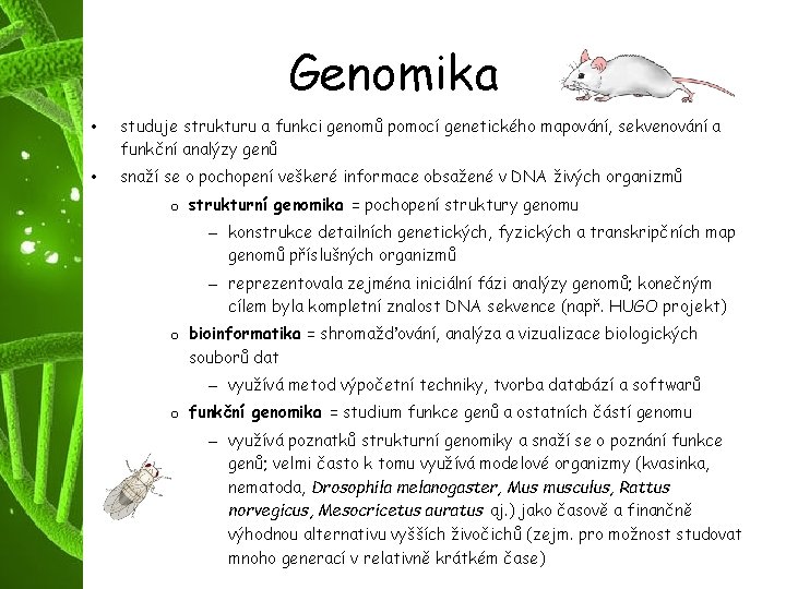 Genomika • studuje strukturu a funkci genomů pomocí genetického mapování, sekvenování a funkční analýzy