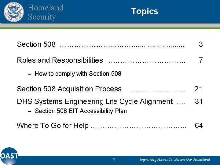 Homeland Security Topics Section 508 …………………. . . . 3 Roles and Responsibilities .