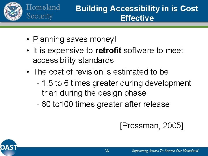 Homeland Security Building Accessibility in is Cost Effective • Planning saves money! • It