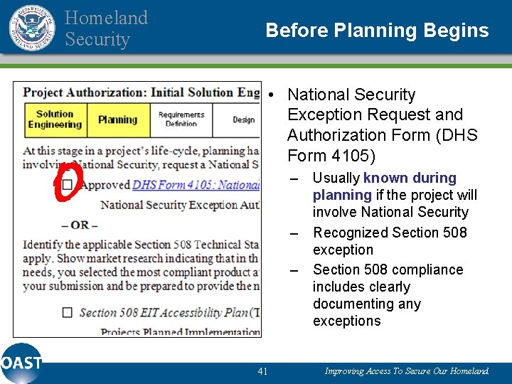 Homeland Security Before Planning Begins • National Security Exception Request and Authorization Form (DHS