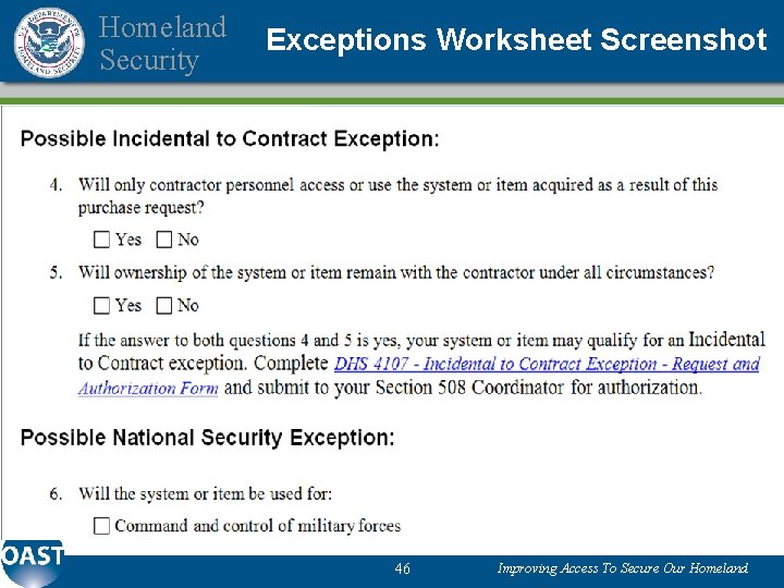 Homeland Security Exceptions Worksheet Screenshot 46 Improving Access To Secure Our Homeland 