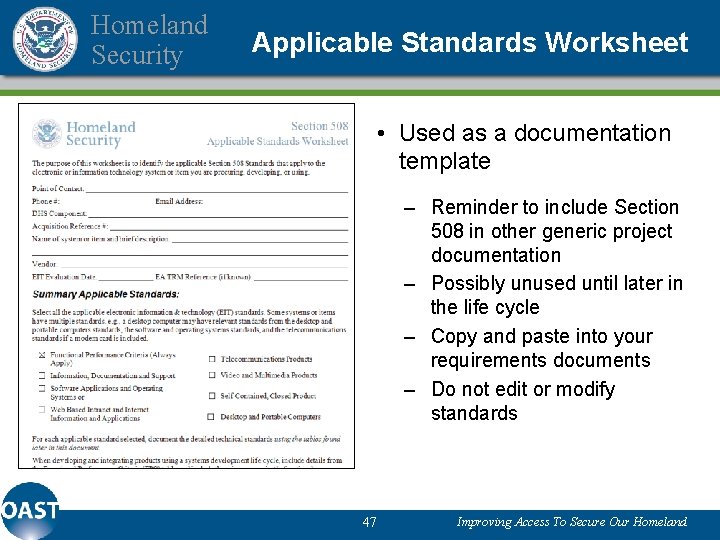 Homeland Security Applicable Standards Worksheet • Used as a documentation template Image fills this