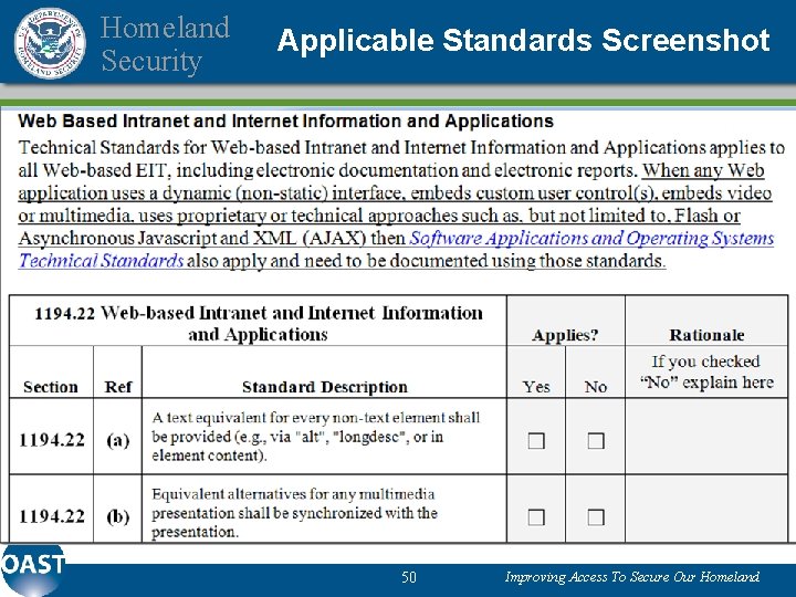 Homeland Security Applicable Standards Screenshot 50 Improving Access To Secure Our Homeland 