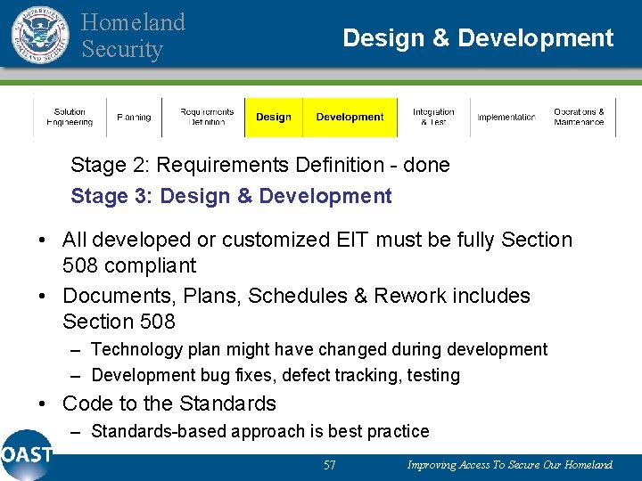 Homeland Security Design & Development – requirements defined, now at design and development Stage