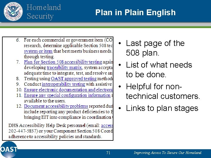 Homeland Security Plan in Plain English • Last page of the 508 plan. •