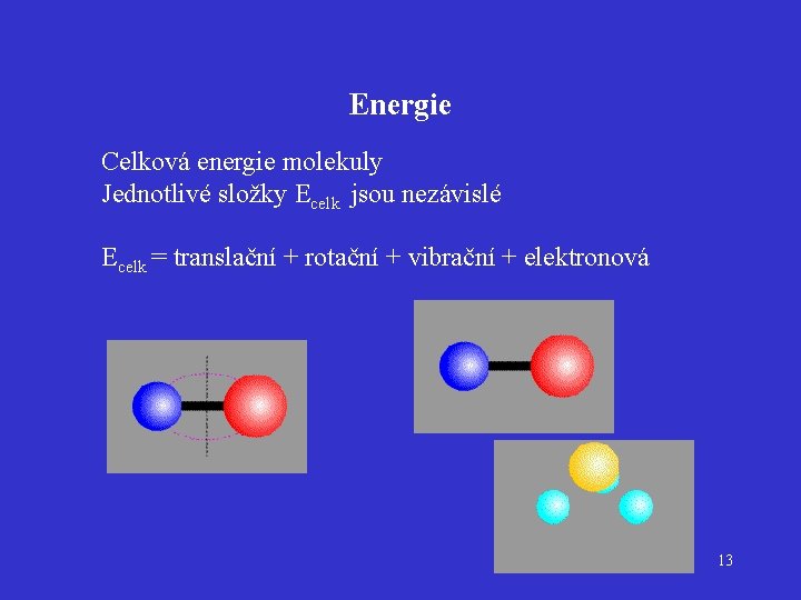 Energie Celková energie molekuly Jednotlivé složky Ecelk jsou nezávislé Ecelk = translační + rotační