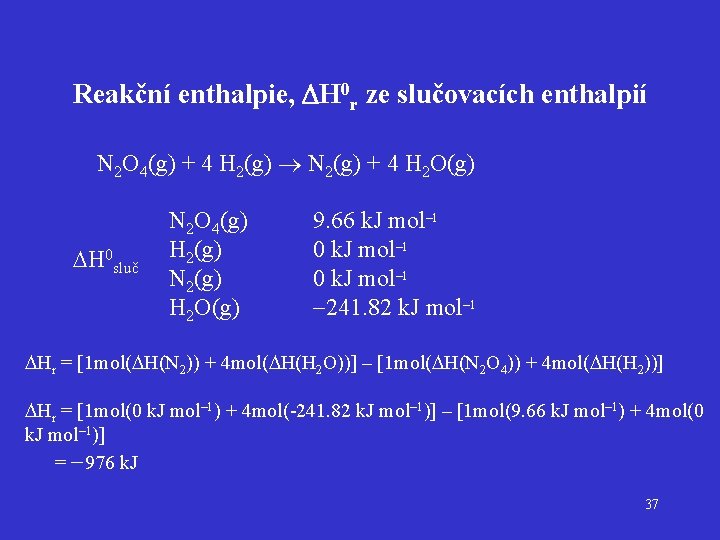 Reakční enthalpie, DH 0 r ze slučovacích enthalpií N 2 O 4(g) + 4