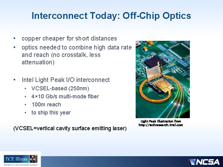 Interconnect Today: Off-Chip Optics • copper cheaper for short distances • optics needed to