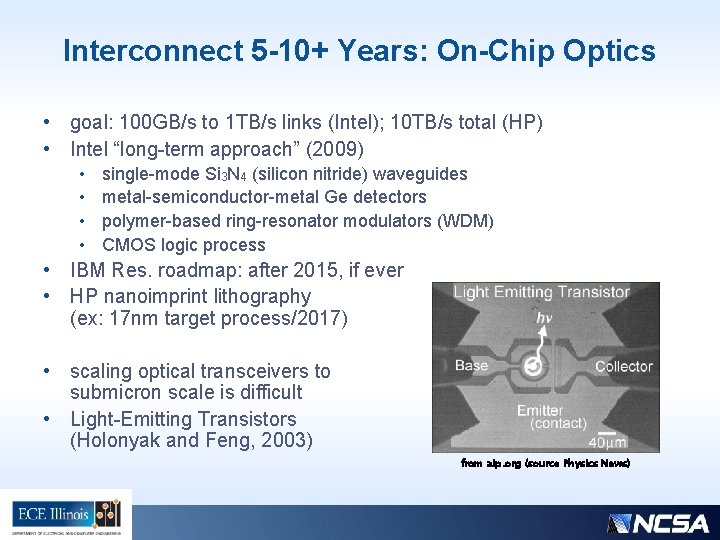 Interconnect 5 -10+ Years: On-Chip Optics • goal: 100 GB/s to 1 TB/s links