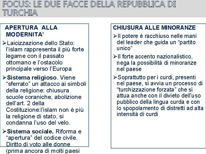 FOCUS: LE DUE FACCE DELLA REPUBBLICA DI TURCHIA APERTURA ALLA MODERNITA’ ØLaicizzazione dello Stato: