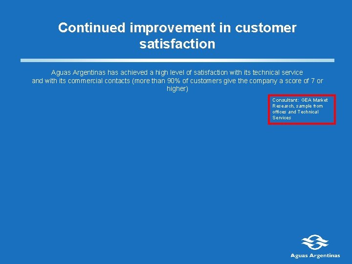 Continued improvement in customer satisfaction Aguas Argentinas has achieved a high level of satisfaction