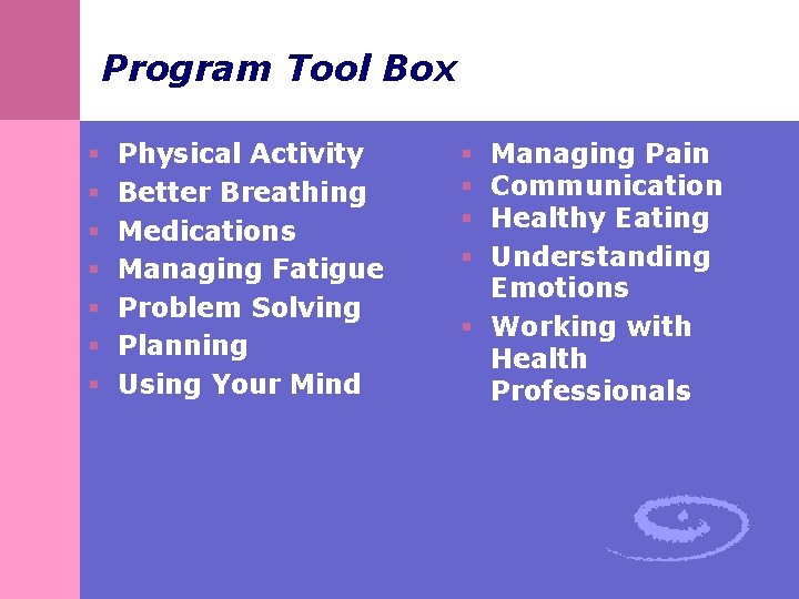 Program Tool Box § § § § Physical Activity Better Breathing Medications Managing Fatigue Program Tool Box § § § § Physical Activity Better Breathing Medications Managing Fatigue