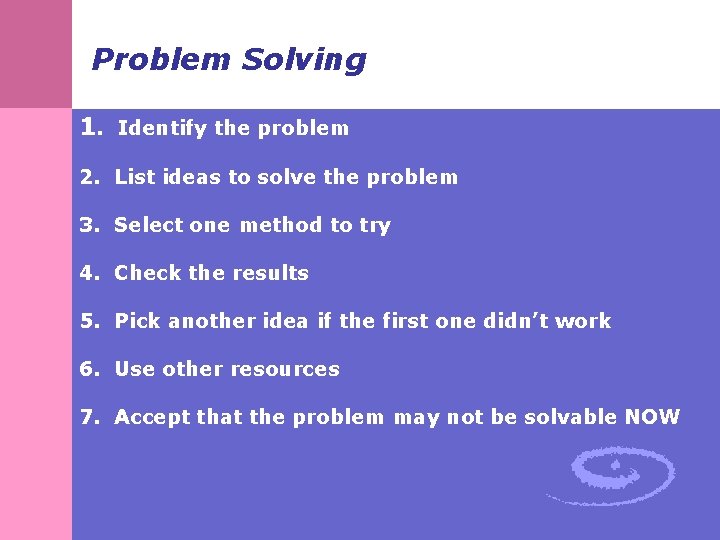 Problem Solving 1. Identify the problem 2. List ideas to solve the problem 3. Problem Solving 1. Identify the problem 2. List ideas to solve the problem 3.