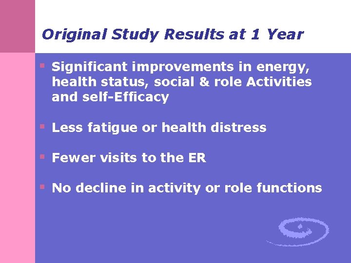Original Study Results at 1 Year § Significant improvements in energy, health status, social Original Study Results at 1 Year § Significant improvements in energy, health status, social