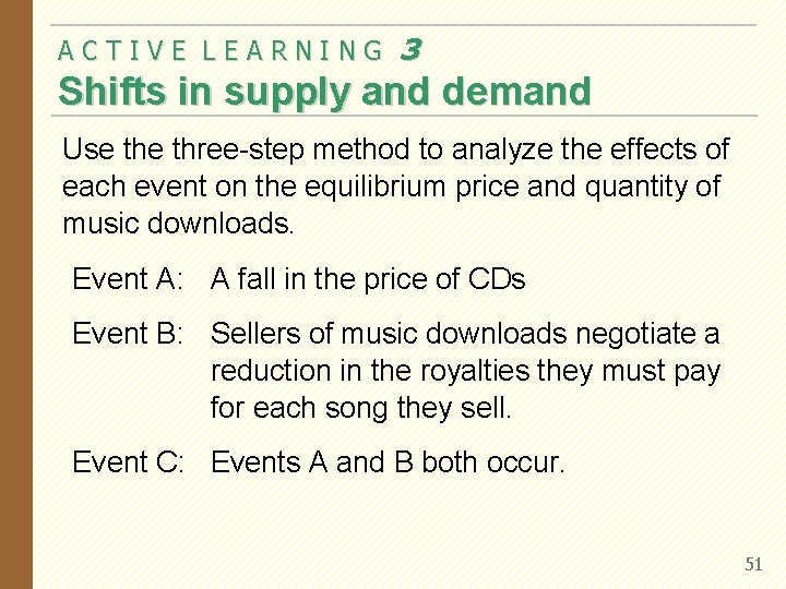 ACTIVE LEARNING 3 Shifts in supply and demand Use three-step method to analyze the