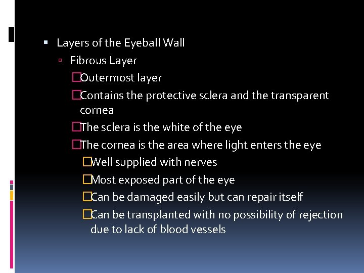  Layers of the Eyeball Wall Fibrous Layer �Outermost layer �Contains the protective sclera