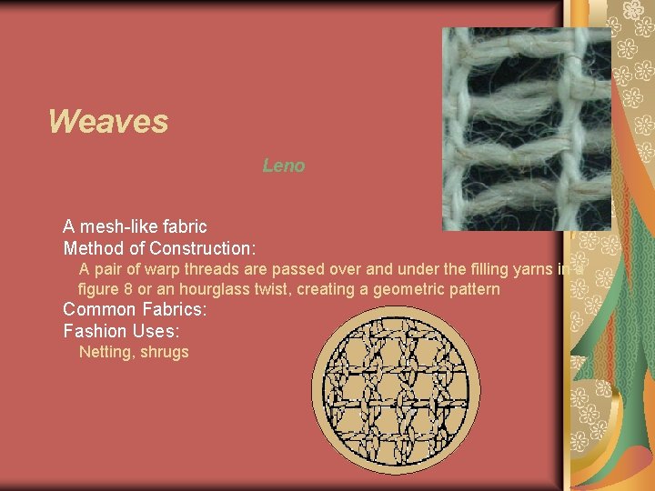  Weaves Leno A mesh-like fabric Method of Construction: A pair of warp threads