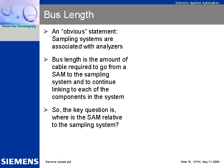 Siemens Applied Automation Bus Length Process Gas Chromatography Ø An “obvious” statement: Sampling systems