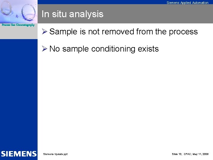 Siemens Applied Automation In situ analysis Process Gas Chromatography Ø Sample is not removed