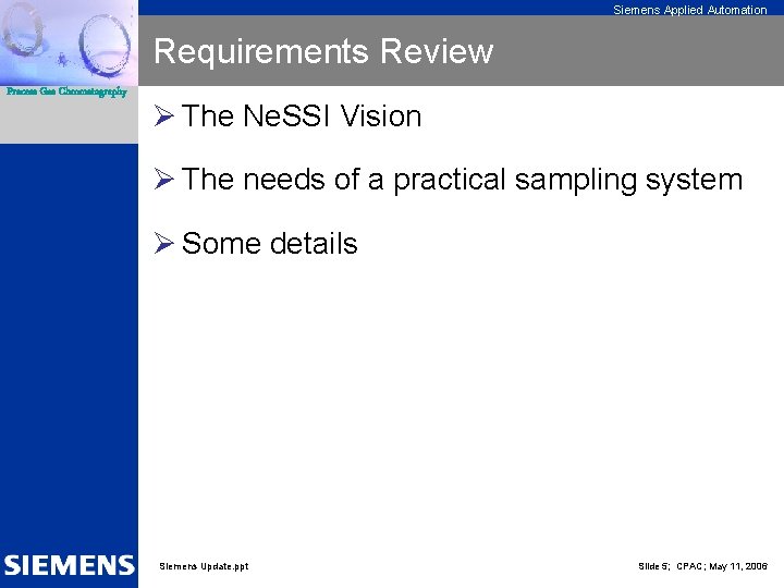 Siemens Applied Automation Requirements Review Process Gas Chromatography Ø The Ne. SSI Vision Ø