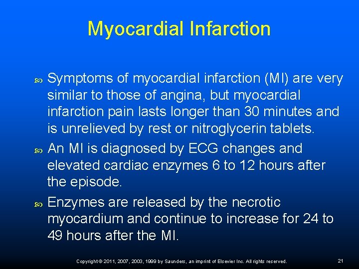 Myocardial Infarction Symptoms of myocardial infarction (MI) are very similar to those of angina,
