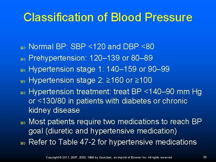 Classification of Blood Pressure Normal BP: SBP <120 and DBP <80 Prehypertension: 120– 139