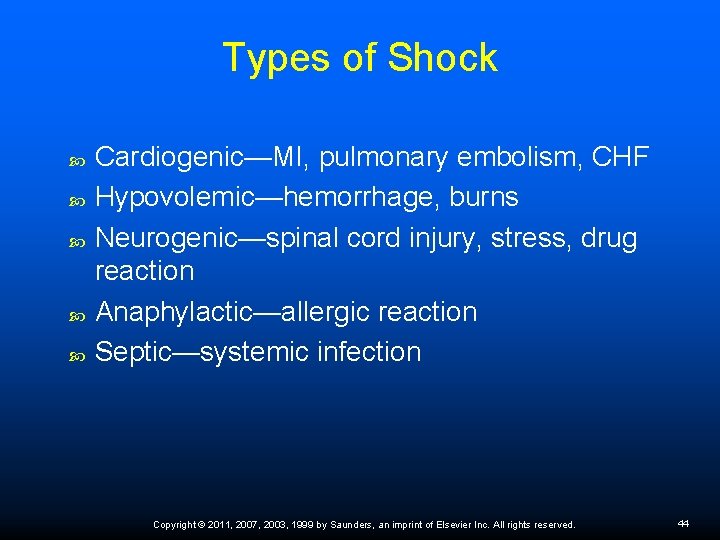 Types of Shock Cardiogenic—MI, pulmonary embolism, CHF Hypovolemic—hemorrhage, burns Neurogenic—spinal cord injury, stress, drug
