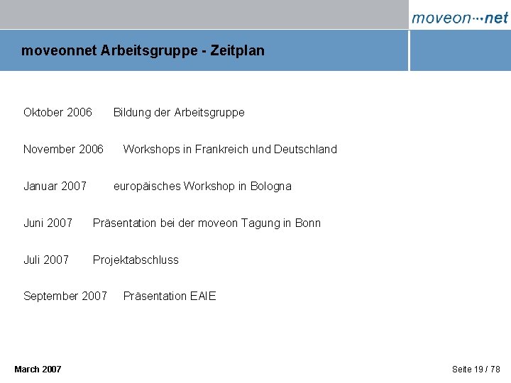 moveonnet Arbeitsgruppe - Zeitplan Oktober 2006 Bildung der Arbeitsgruppe November 2006 Januar 2007 Workshops