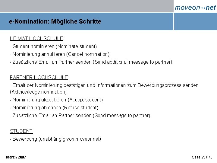 e-Nomination: Mögliche Schritte HEIMAT HOCHSCHULE - Student nominieren (Nominate student) - Nominierung annullieren (Cancel