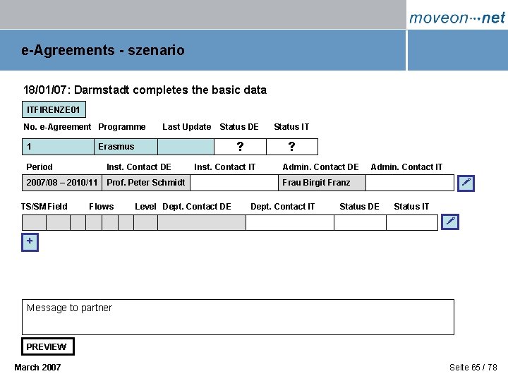 e-Agreements - szenario 18/01/07: Darmstadt completes the basic data ITFIRENZE 01 No. e-Agreement Programme