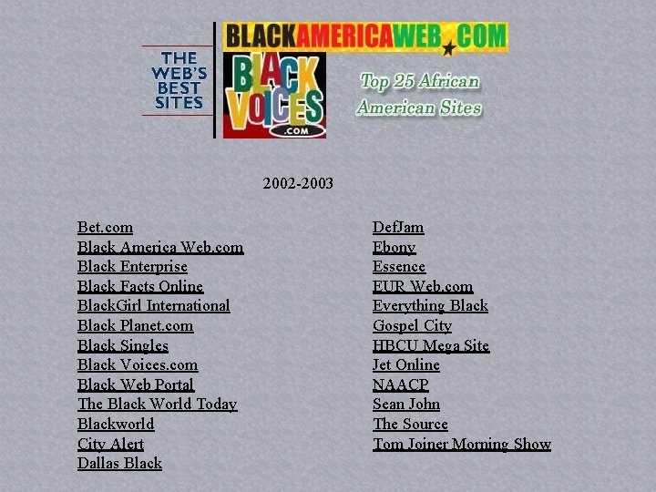 2002 -2003 Bet. com Black America Web. com Black Enterprise Black Facts Online Black.