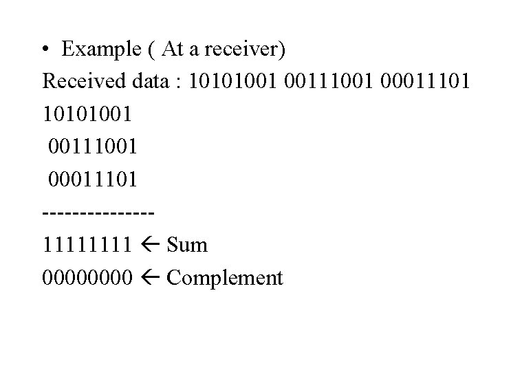  • Example ( At a receiver) Received data : 10101001 00111001 00011101 -------1111